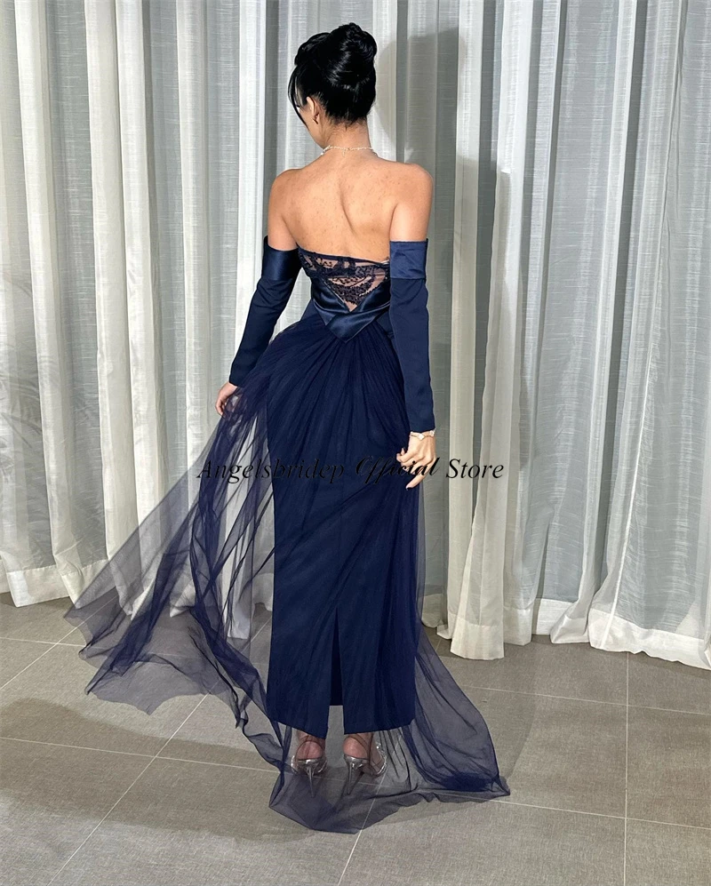 Customized  Satin Mermaid Evening Dresses Strapless Elegant Robe De Soiree Floor Length Detachable Sleeves Event Party Gowns