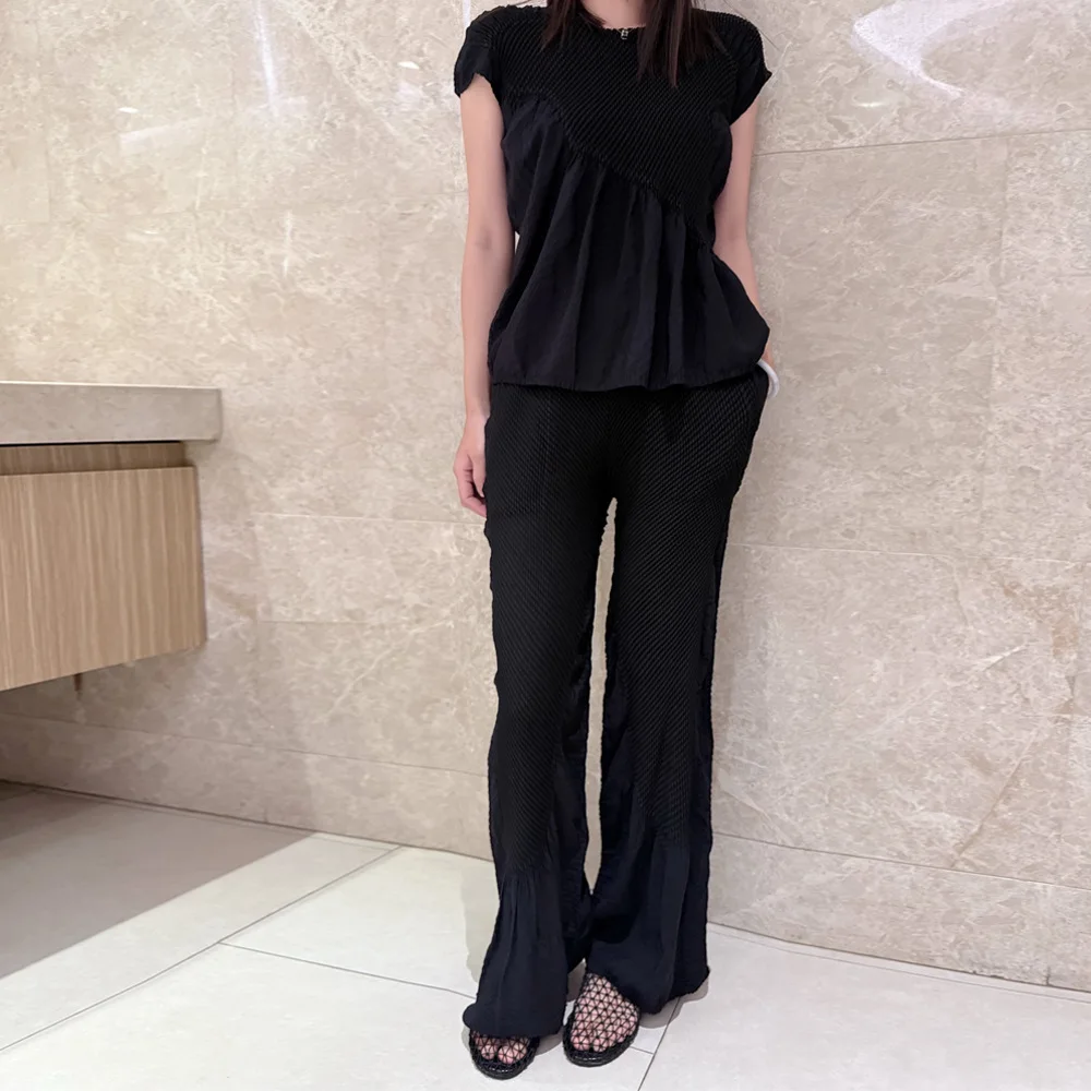 Fold Beige Textured Peplum Top & Wide Leg Pants Set, Lightweight Breathable Loose Fit Women's Summer Casual Co-ords
