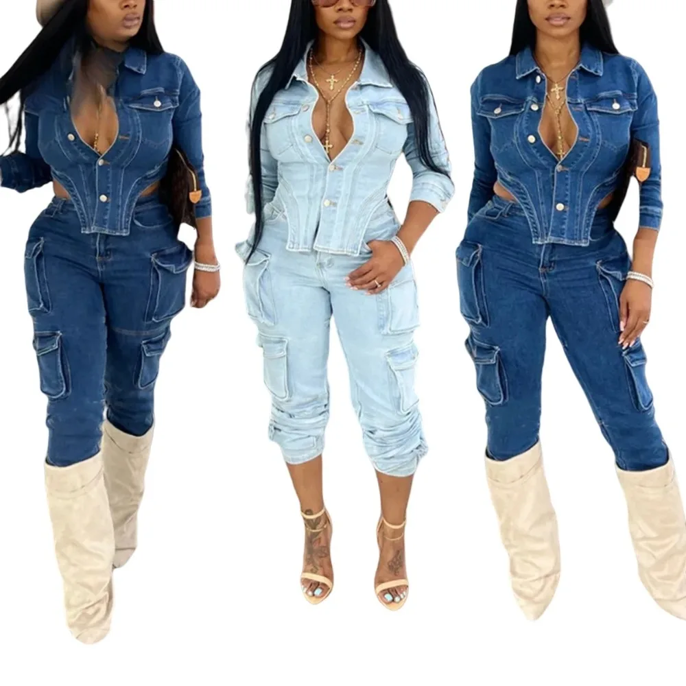 FAGADOER Retro Denim 2-częściowe zestawy damskie Guziki Nieregularna kurtka i kieszenie Cargo Jeans Garnitur Kobieta Streetwear Nowy — zdjęcie 2