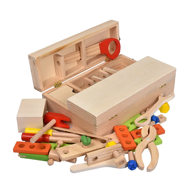 Funny Wooden Repair Tools kids Carpenter Construction Safe wood Saw Hammer wrench props set Tool Box Boy Pretend Play game toy