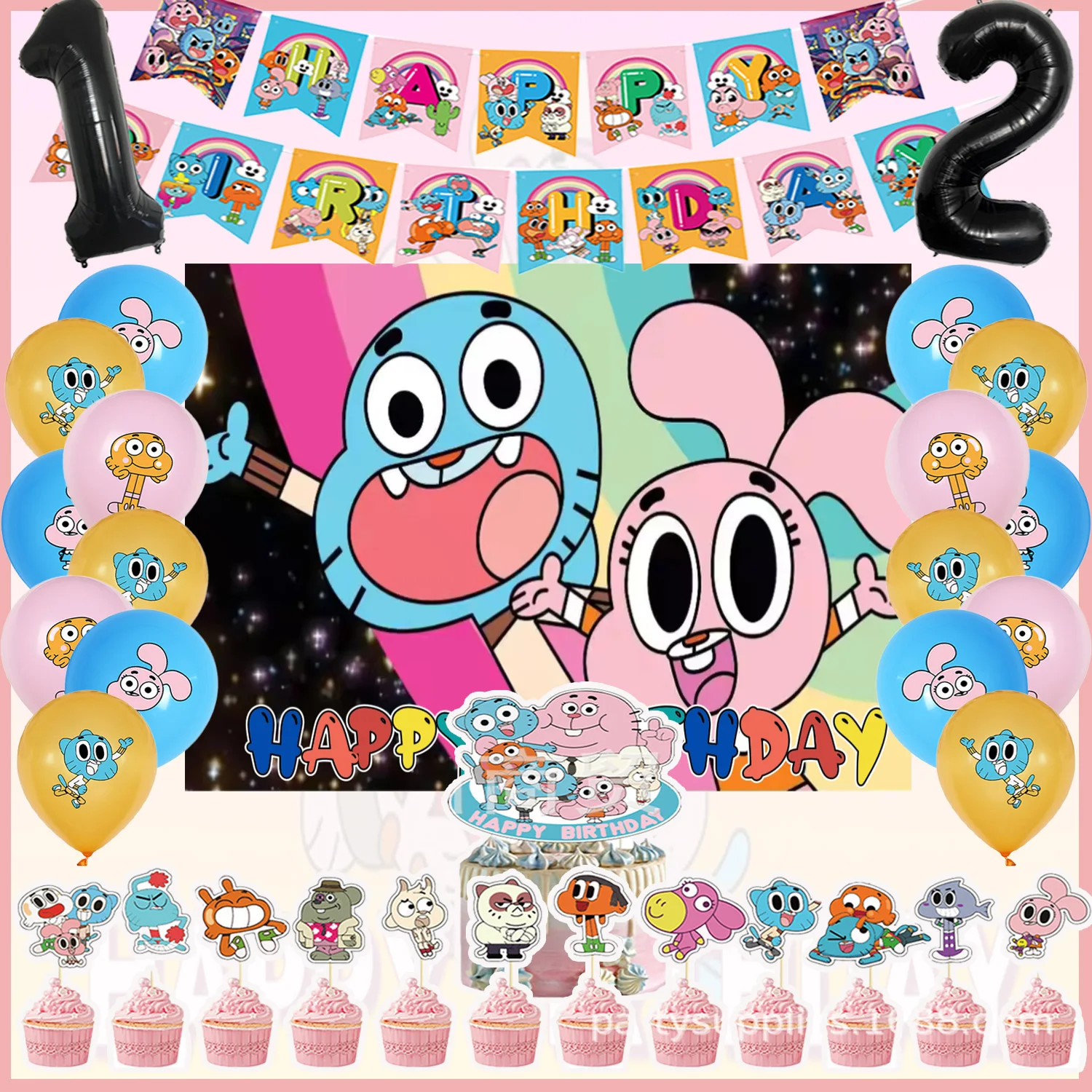 Cartoon Gumball Birthday Party Supplies Amazing World Happy Birthday Balloon Banner Cupcake Topper Backdrop for Kids Party Decor