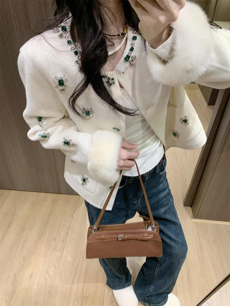 New Women Real Mink Fur Cuffs Cashmere Wool Woolen Coat  Winter Jacket Ladies Outerwear Streetwear