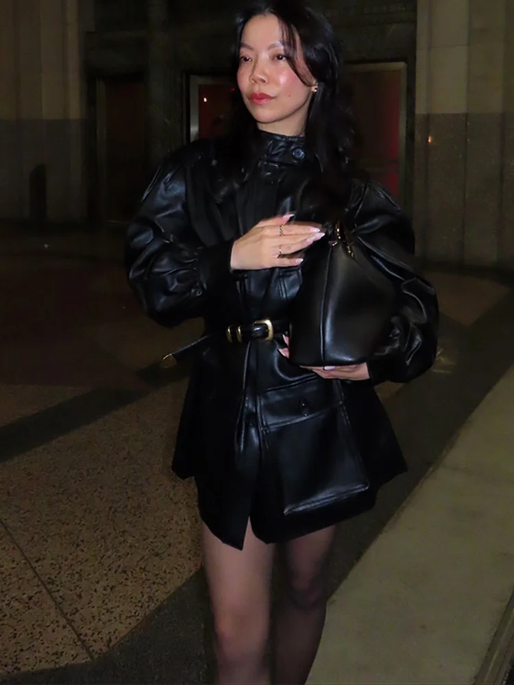 Veste noire en cuir artificiel pour femmes, élégante, tendance, Chic, manches longues, col haut, taille réglable, manteau, nouveaux vêtements d'extérieur de rue