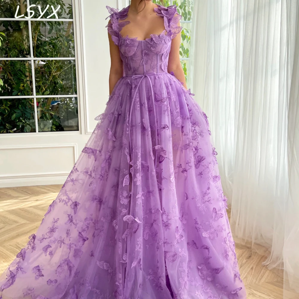 LSYX Spaghetti Straps Flower Evening Gown For women 2023 Lace Appliques Split A Line Backless Simple Prom Dress Robes De Soiree