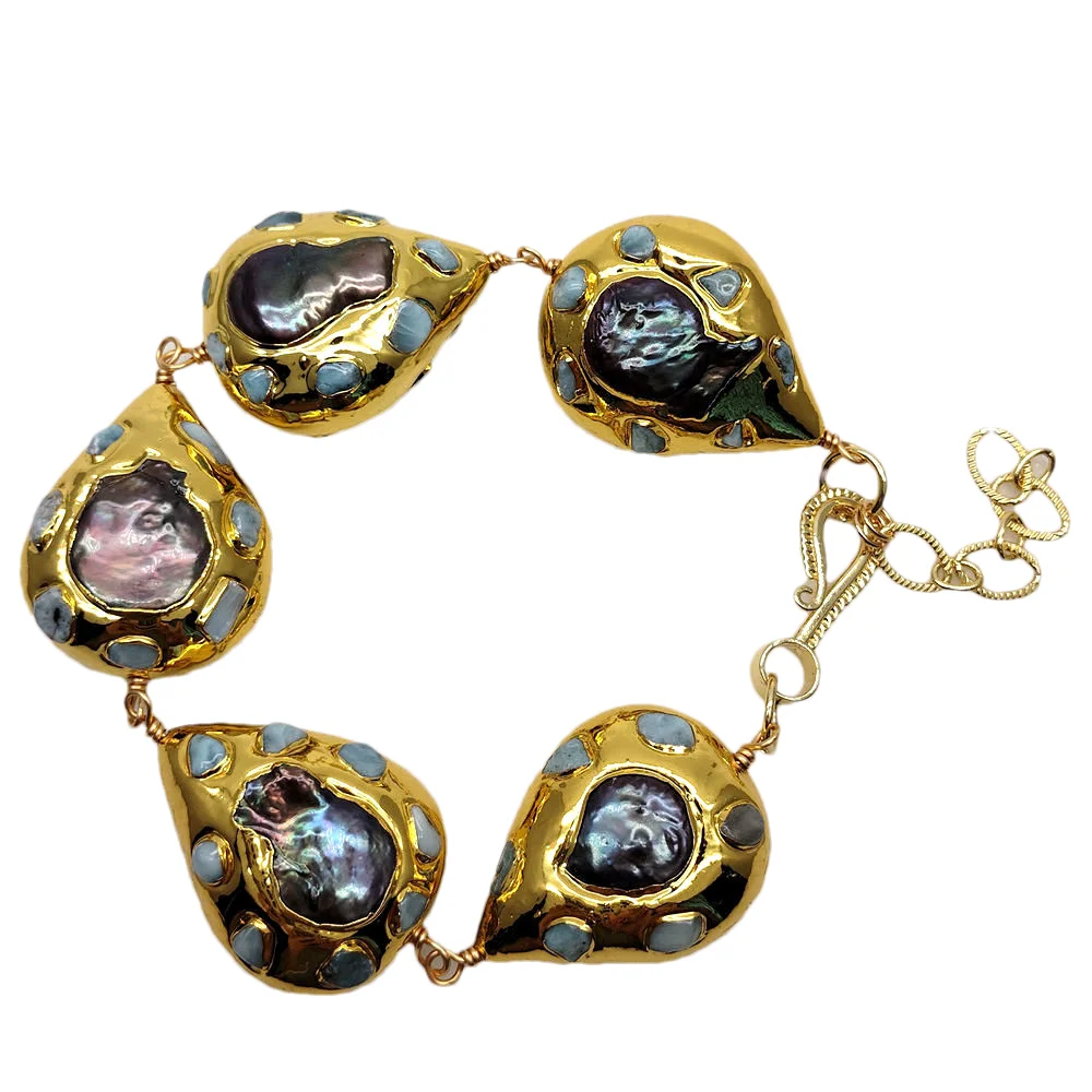 

YYGEM Культивированная черная монета пресноводный жемчуг Ларимар Матовый браслет из бисера