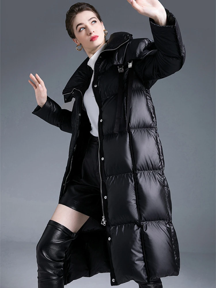 Winter New 90 White Duck Down Down Jacket Thickened Loose Warm Jacket Hooded Long Section Parka Fashion Glossy Slim Women\'s Coat