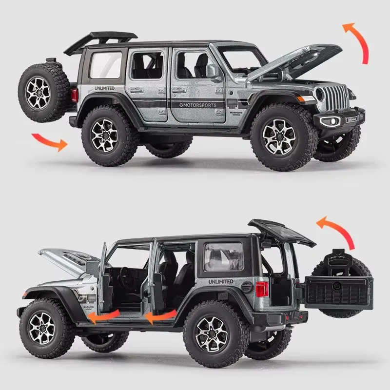 Modelo de coche fundido a presión de aleación 1:32, Wrangler de Metal Rubicon, todoterreno, coche extraíble, simulación de sonido, luz, juguete para niños, vehículos de regalo