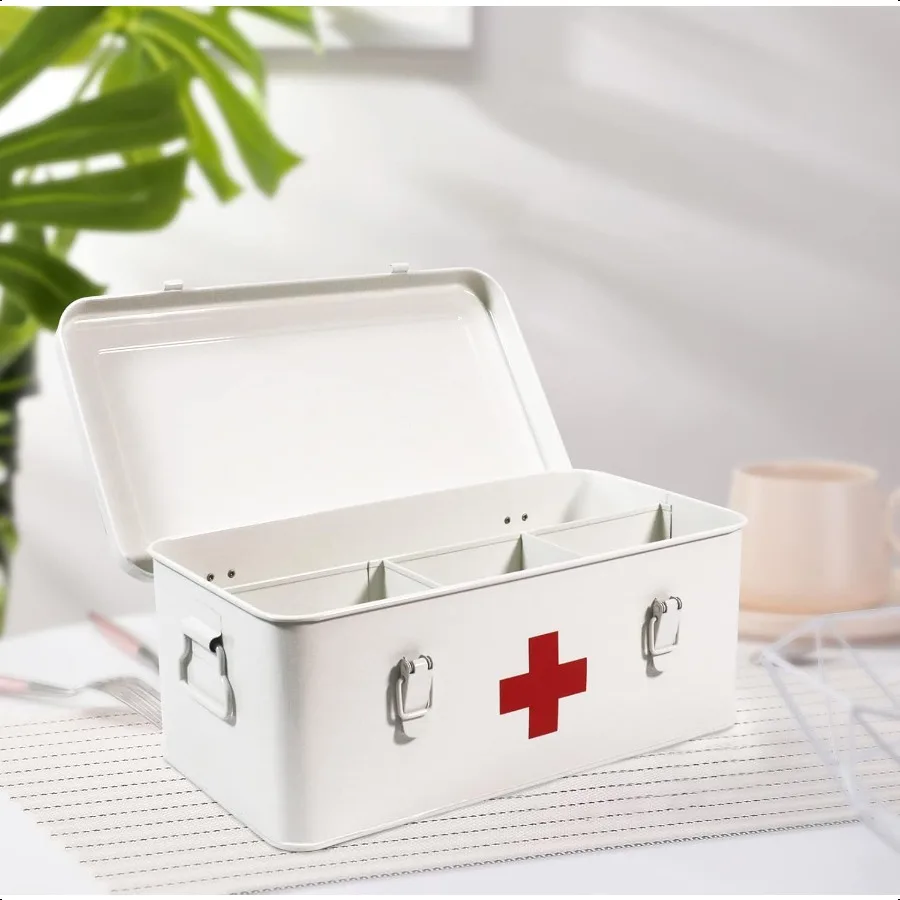 First Aid Medicine Box First Aid Kit plies Bin Metal Medicine Storage Tin First Aid Empty Box with Safety Lock for Home Emergen