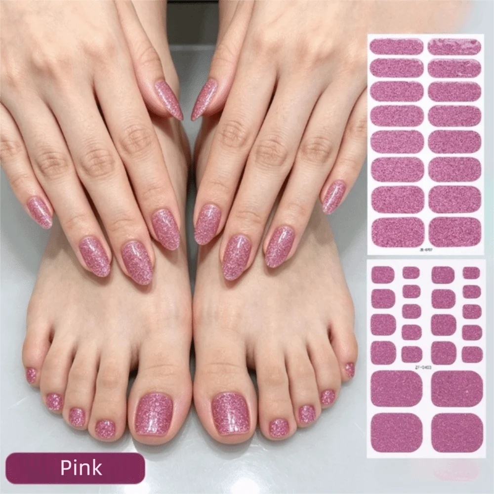Self-Adhesive Gel Nail Stickers Glitter Pink Full Cover Nail Strips Solid Gradient Toenail Stickers Home Salon 3