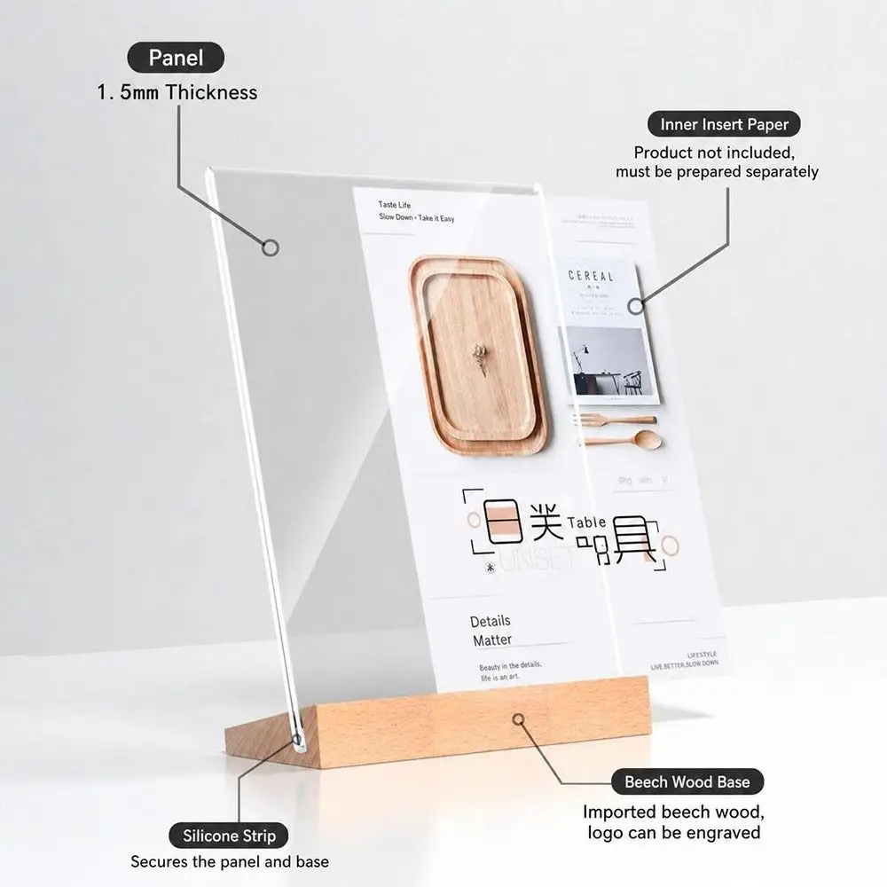 Double Sided Acrylic Sign Holder Table Top Wood Base Bulletin Board Acrylic Material Creative Design Display notice supplies