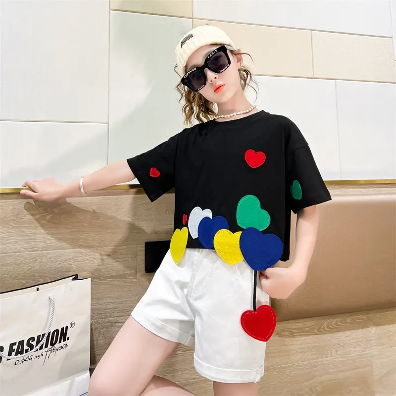 Kids Summer Clothes Girls Fashion Heart Design Korean Tshirts+White Shorts For Teenager Children's Costume 6 8 10 12 14Years Old