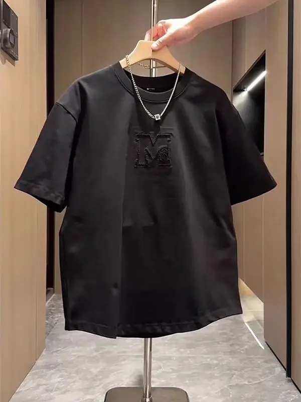 

Loose Casual ort Sve T-irt for Men Summer American Trendy Brand Large Size 300 Pou Letter Print Loose Fit Top