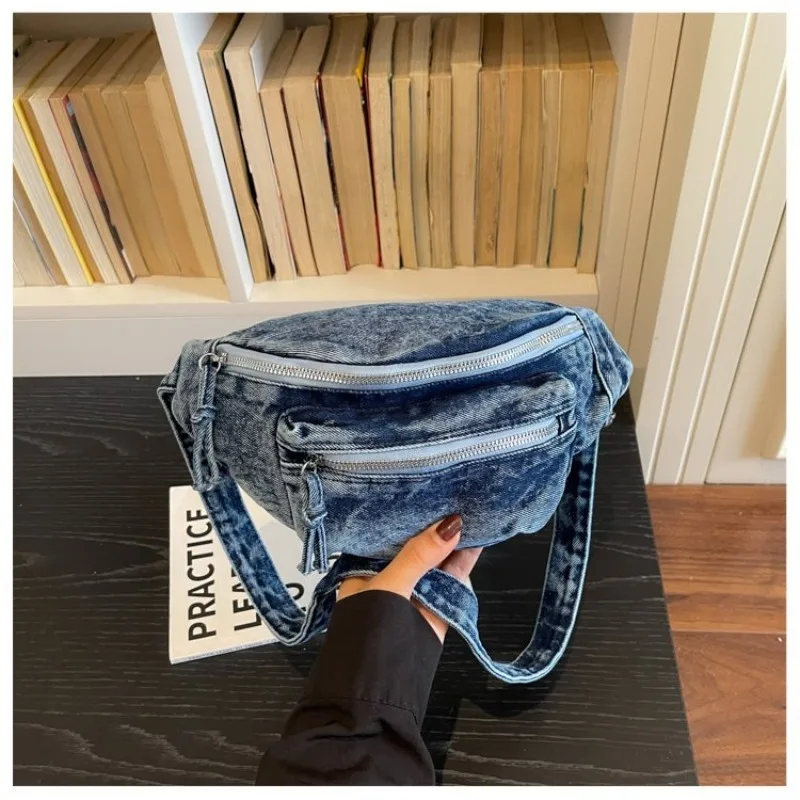 Damen Vintage Washed Denim Tasche mit Mehreren Taschen, Verstellbarer Riemen Crossbody Gürteltasche für Tägliche Aufgaben und Outdoor-Aktivitäten – Detail 19