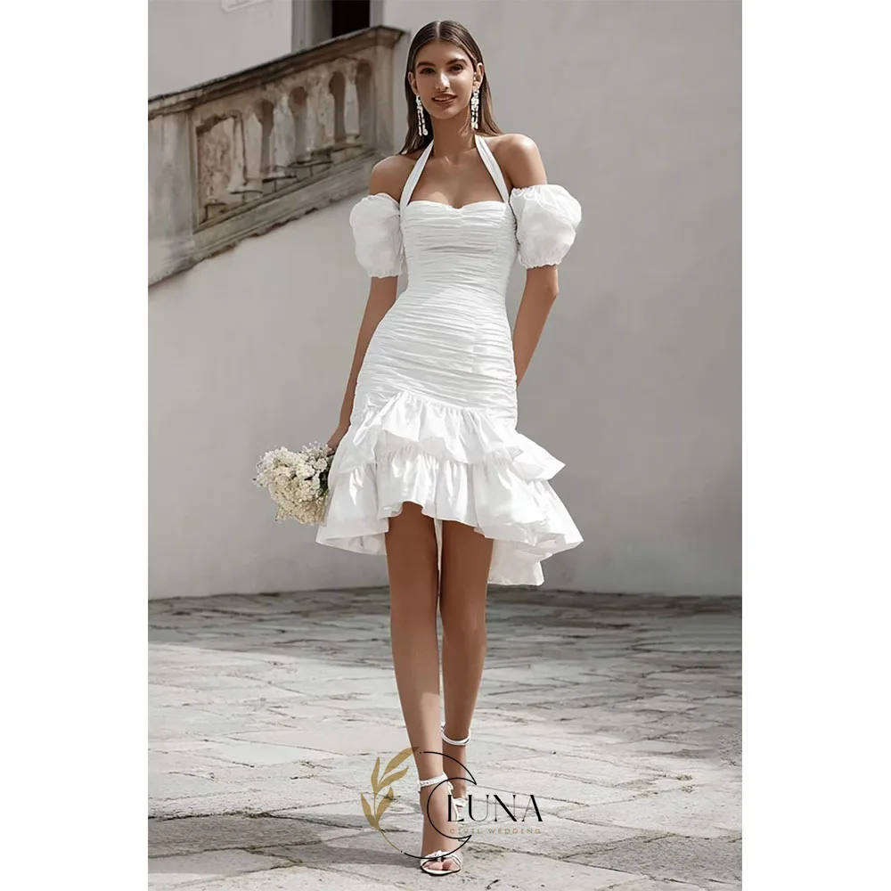Luna Ivory Bodycon Tiered Short Bridal Shower Dress with Ruffles Customized Halter Puff Sleeves Mini Bridal Engagement Gown