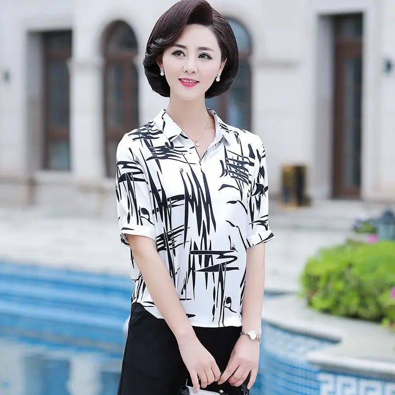 Women Summer Fashion Loose Fashionable Printing Polo-Neck Short Sleeve Chiffon Shirts Women Clothes Casual Appear Thin Thin Tops