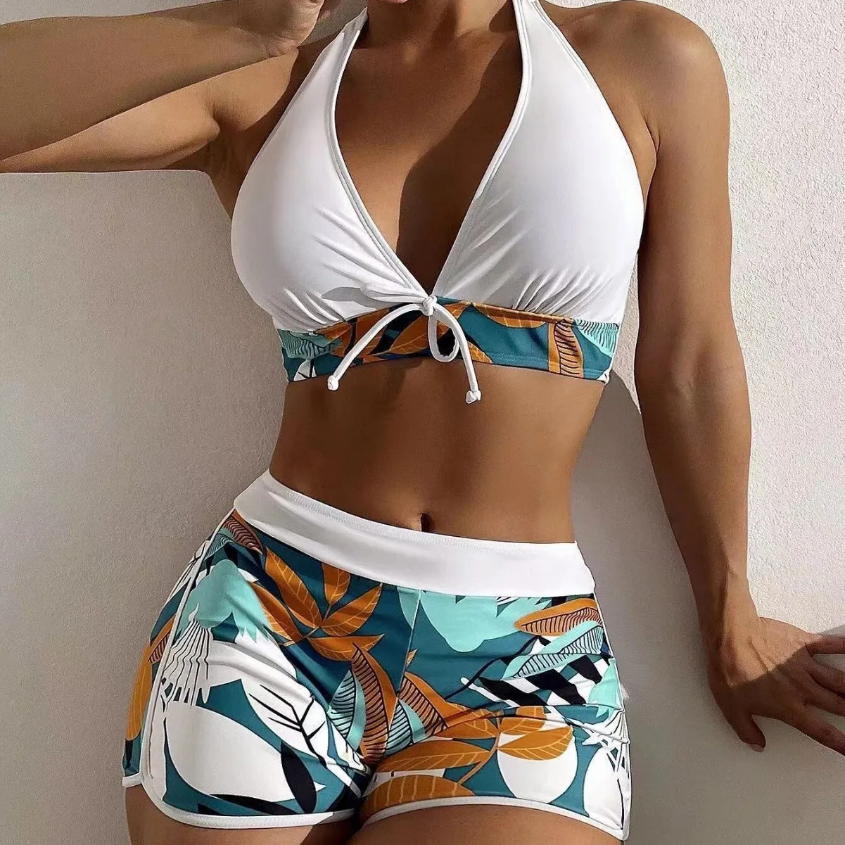 Swimsuit Woman Two Piece Swimsuit Sleeveless Tankini Top High Waist Shorts Swimwear With Tropical Leaf Print Halter Neck view 2