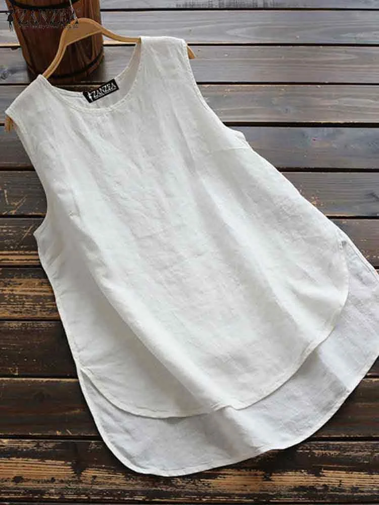 ZANZEA Summer Sleeveless Blouse Women Vintage Solid O Neck Loose Cotton Tanks Tops Casual Solid Beach Blusas Holiday Shirt 2024