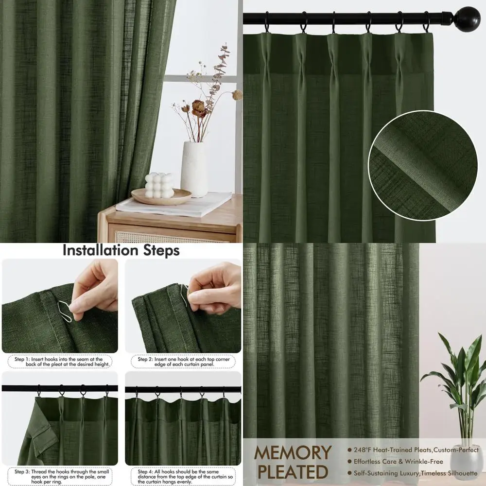 

Оливково-зеленые льняные шторы длиной 108 лет, комплект из 2 панелей для спален и гостиных, полупрозрачная светофильтрация, толстый текстурированный лен