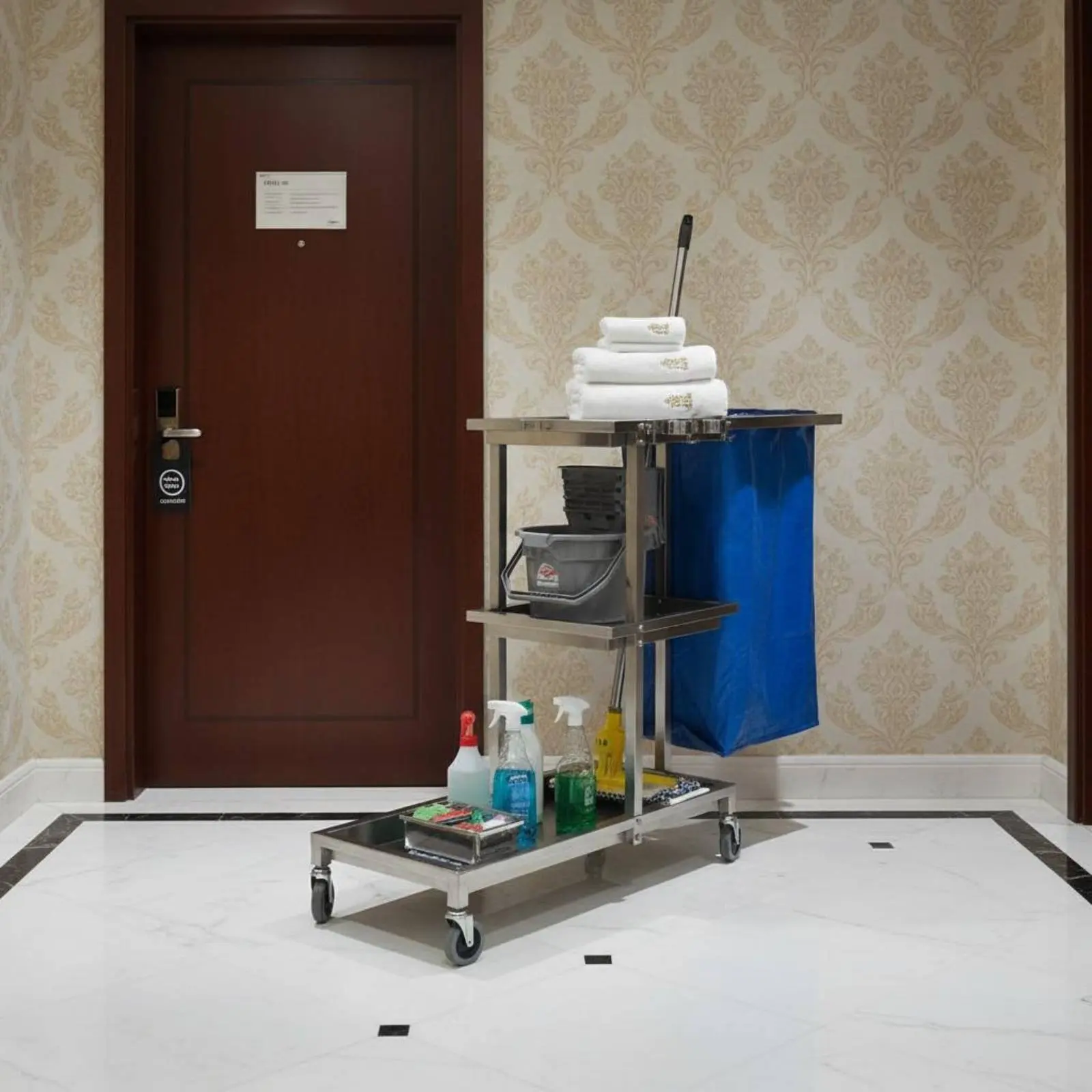

Hotel Linen Cart Braking Casters Stainless Steel Janitor Cart Business Cleaning Trolley with Bag Sturdy Duty for Shopping Mall