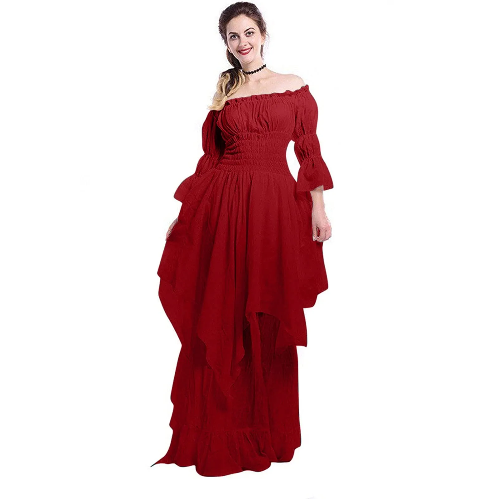 Vintage Renaissance Off Shoulder Corset Party Dress Women's Traditional Ruffles Pleated Tunic Waist Halloween Cosplay Costume