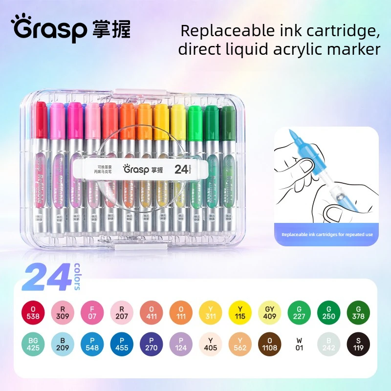 grasp-60-24-colors-refillable-direct-liquid-acrylic-marker-set-with-soft-tip-washable-brush-school-art-supplies-stationery