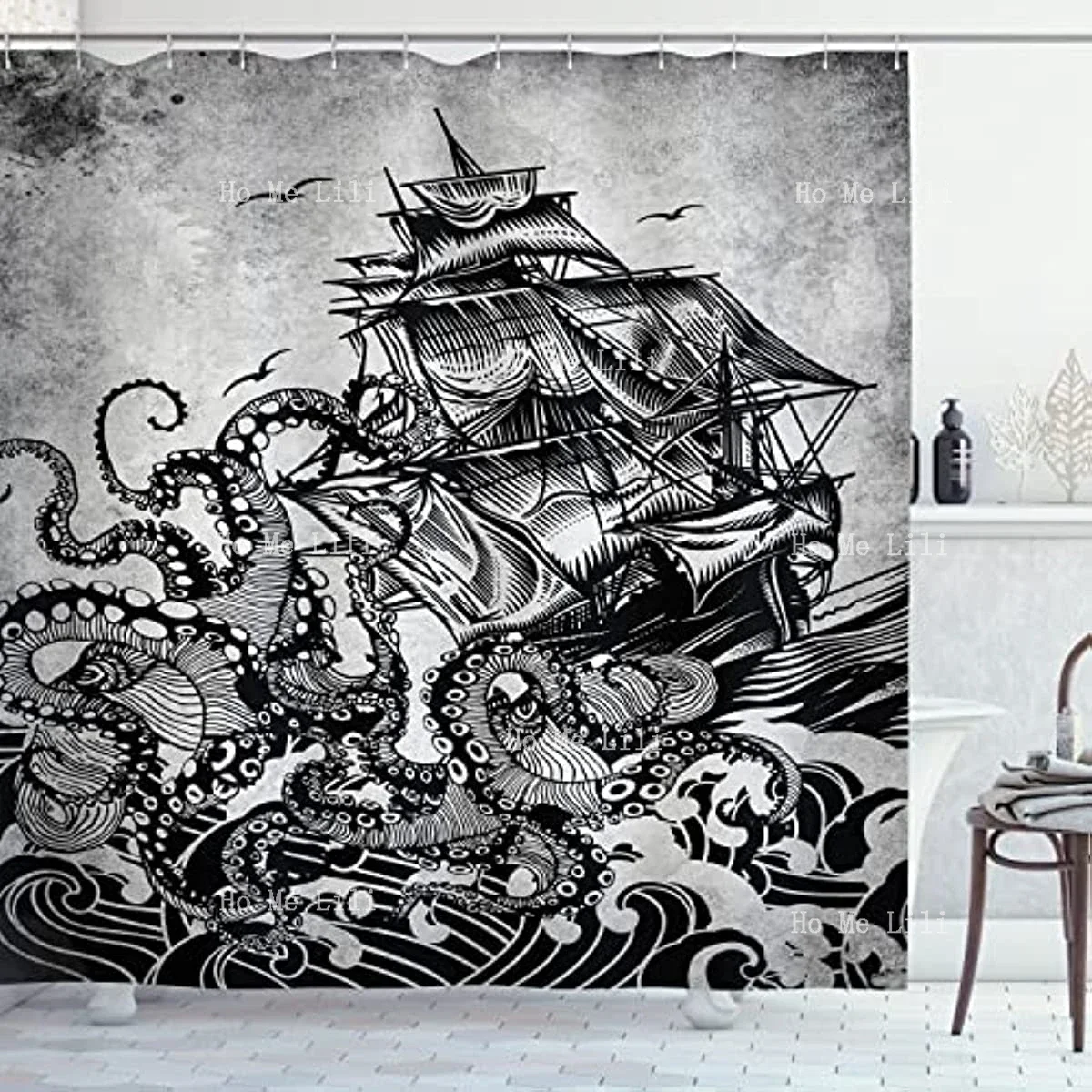 Ocean Theme Bathroom Monochromatic Marine Design Of Kraken Octopus Tentaclesshower Curtain Set With 12 Hooks For