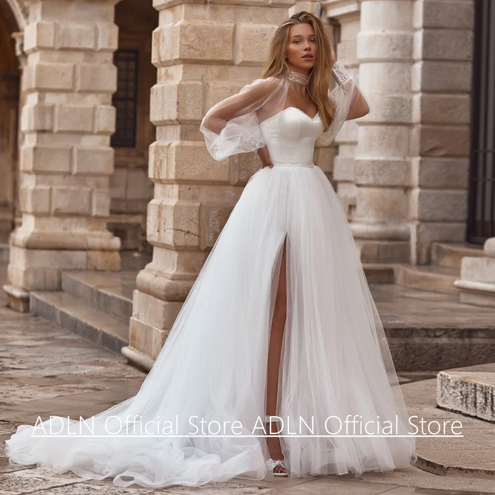 Robes de mariée en tulle doux pour femmes, poignées chérie personnalisées, manches bouffantes amovibles, corset perlé, robe de patients pour la mariée, fente