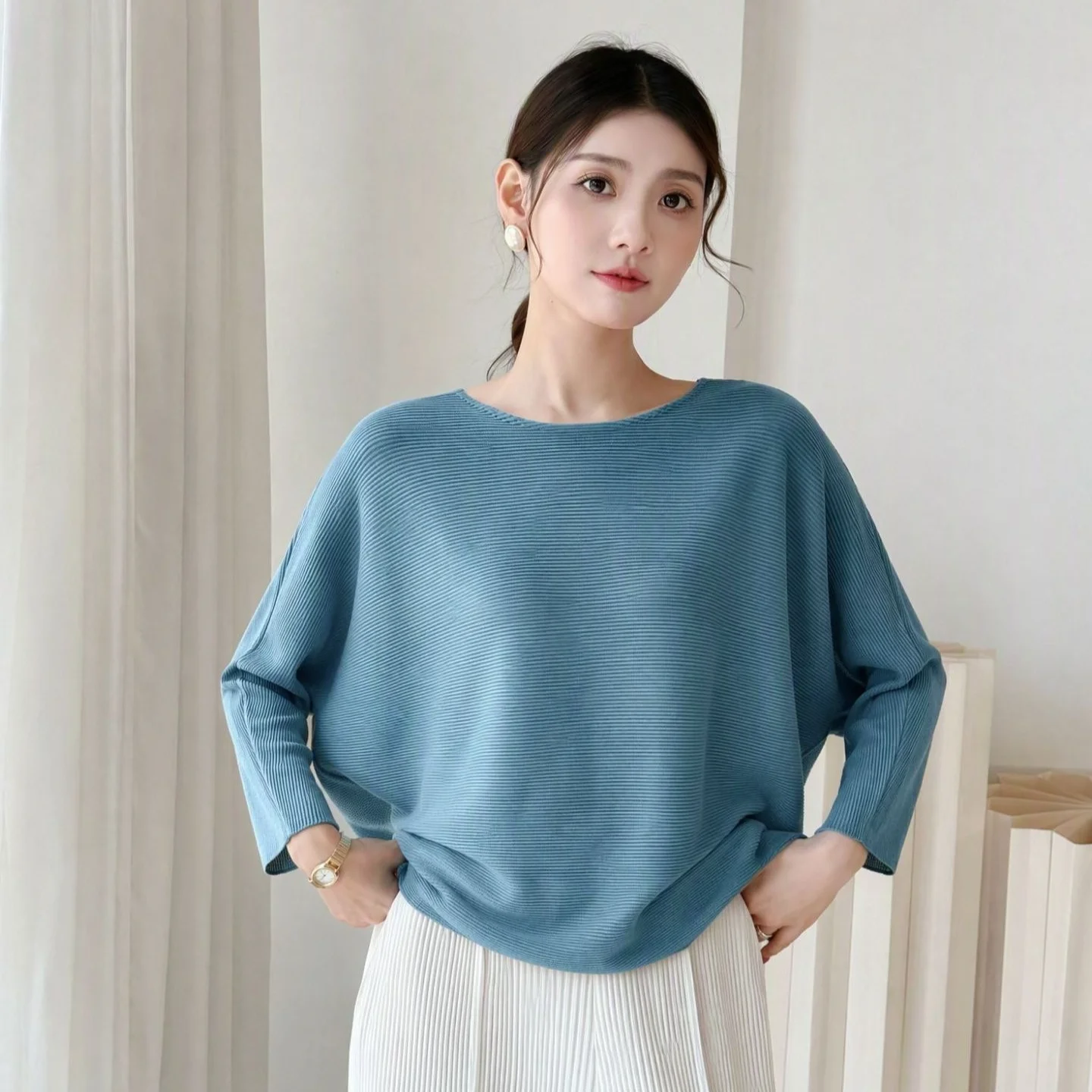 YUDX Miyake Pleated Cocoon Top Women Solid Crew Neck Long Sleeve 2026 Autumn Winter Sleek Pure Timeless Soft Wardrobe Core Item