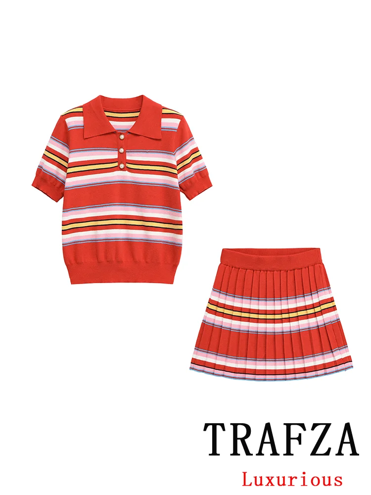 

TRAFZA Elastic Casual Chic Women Suit Red Striped Polo Neck Short Sleeve Top Pleat Mini Skirt Fashion 2025 Spring Summer Sets