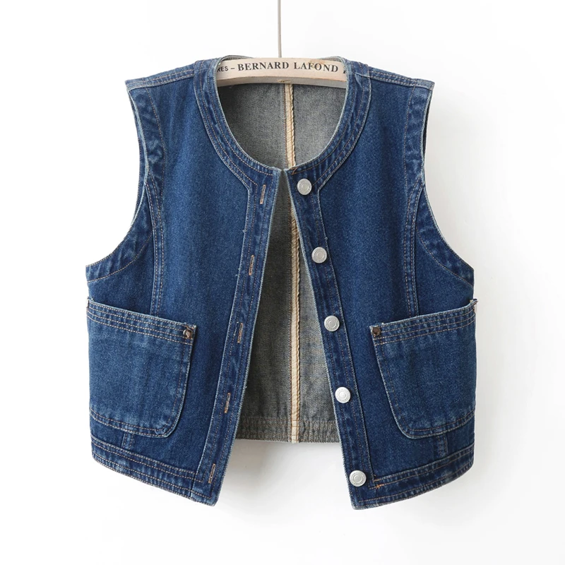 

Vintage Blue Denim Vest Women Slim Short Cowboy Waistcoat Spring Summer Thin O Neck Pocket Sleeveless Jeans Jacket Coat Female