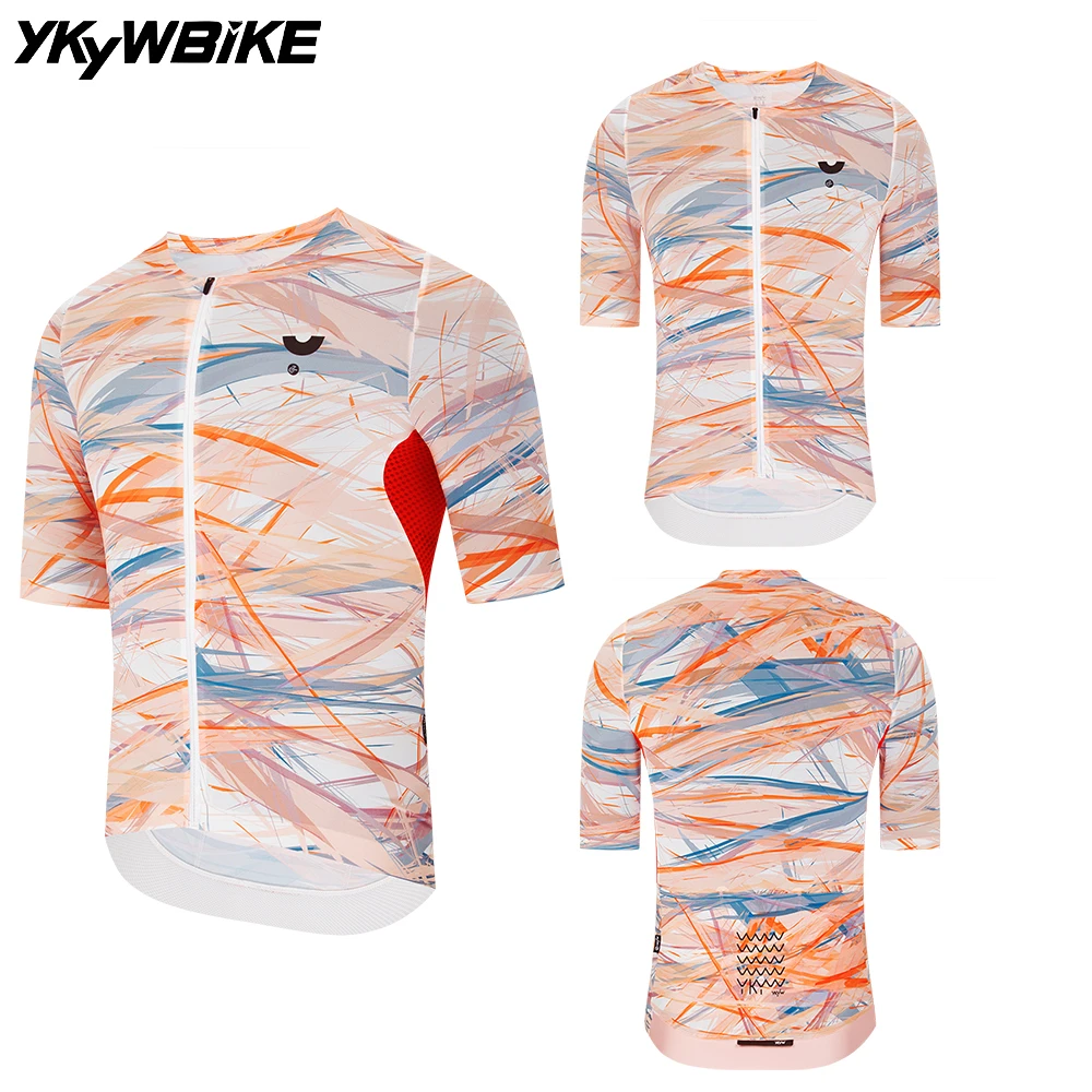 YKYW Herren-Radtrikot, kragenlos, weich, leicht, für Rennräder, atmungsaktiv, Sommer, kurzärmelig, nahtlos, schmal geschnitten