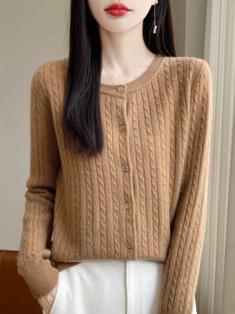 Autumn Winter New Twist Flower 100% Pure Wool Knit Cardigan Sweater Women's O-neck Loose Basic Long Sleeve Simple Versatile Coat