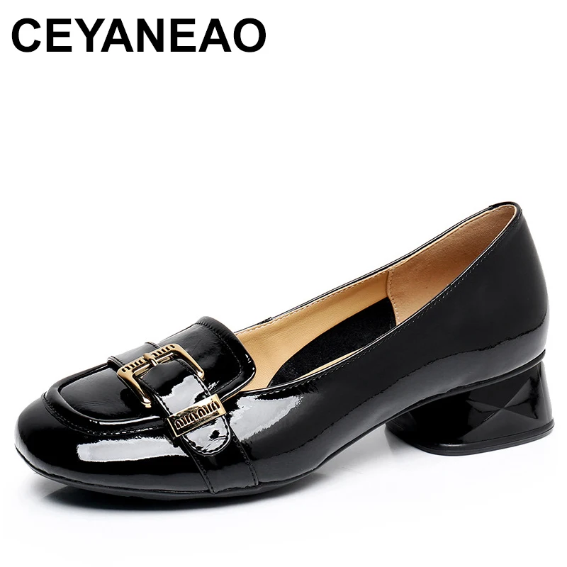 

Large Size Premium Cowhide Patent Leather Shoes Square Toe Temperament Single Shoes Comfortable Women Mid Heel Shoe