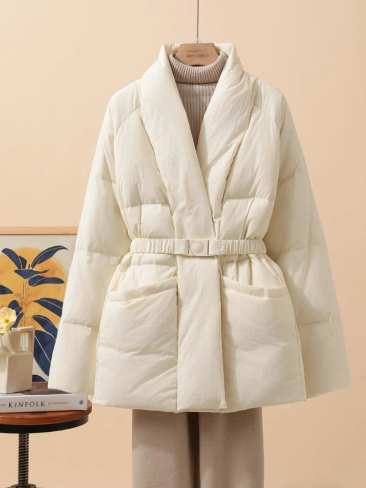 Women White Duck Down Jacket Casual Loose V-Neck With Belt Slim Mid-Length Parkas Fashion Winter Outwear Puffer Coat 2025 New