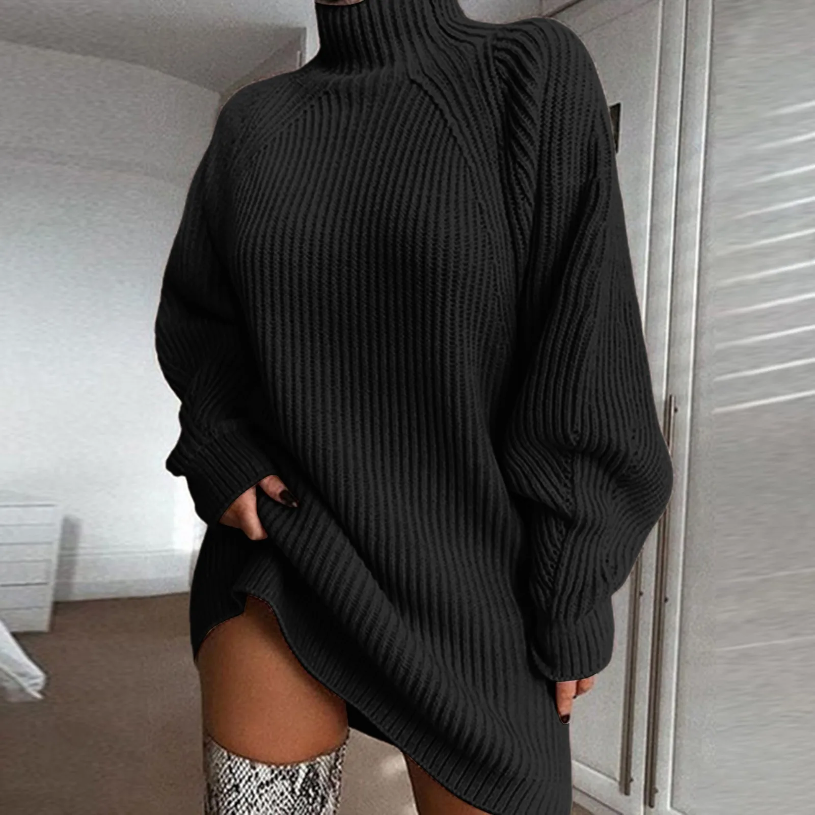 Women\'s Autumn And Winter Fashion High Neck Knitted Sweater Dress Casual Solid Color Loose Long Sleeve Warm Mid Length Dress