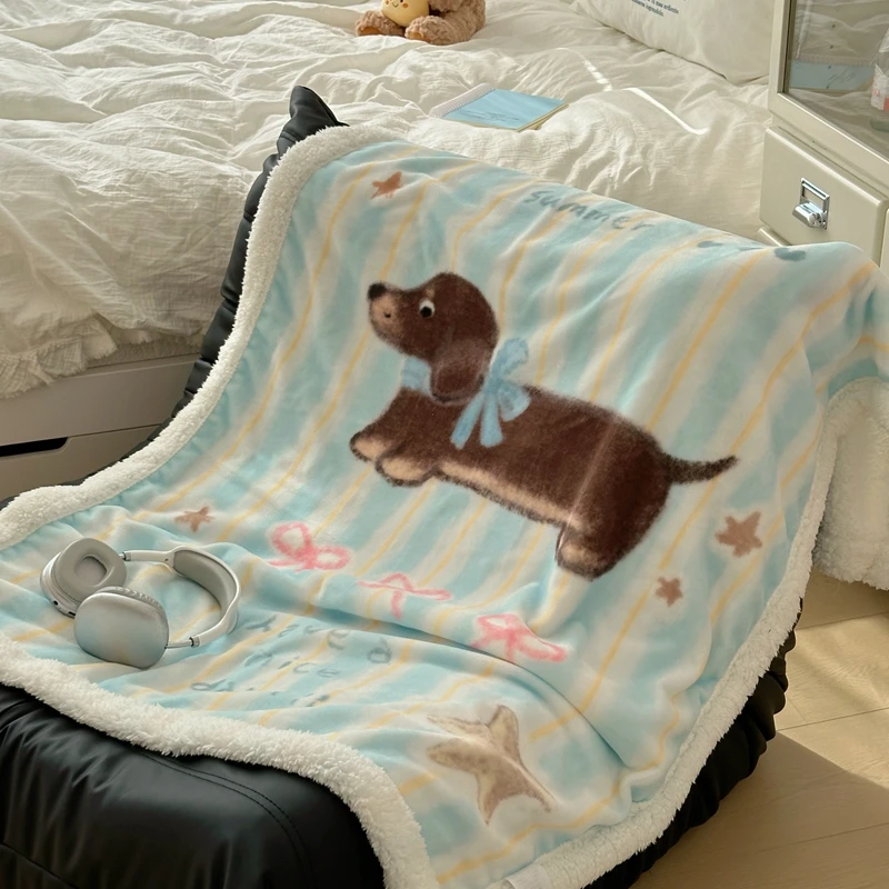 Cartoon Dachshund Blanket, Cute Animal Themed Home Office Nap Blanket, Boys and Girls Blue Striped Design Thick Throw Blankets