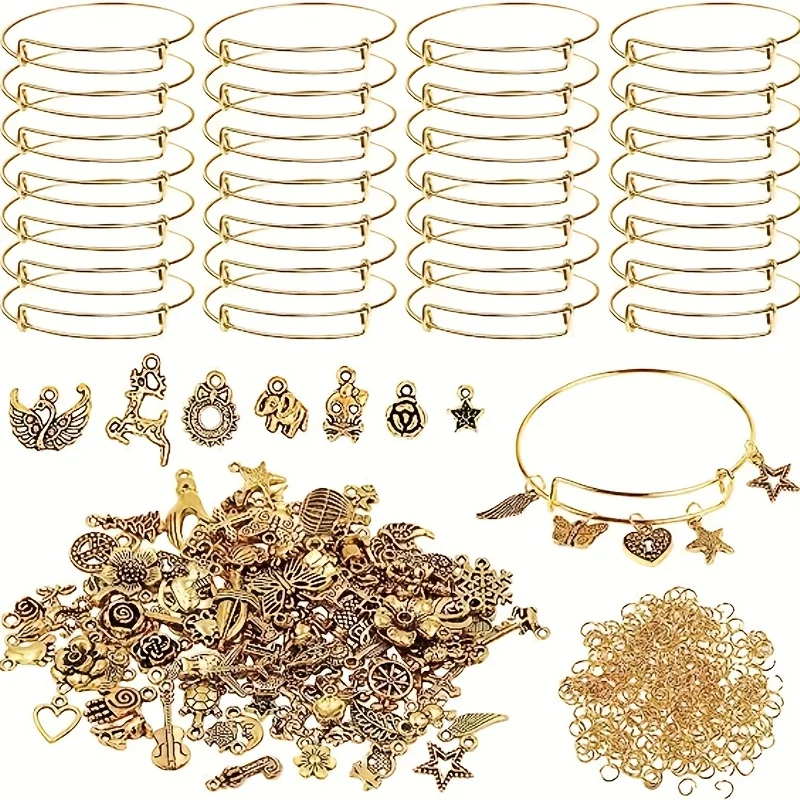 10PCS Expandable Blank Bracelets SET Adjustable Wire Bangles with 30PCS Enamel Charms, 50PCS Open Jump Rings for Jewelry Making