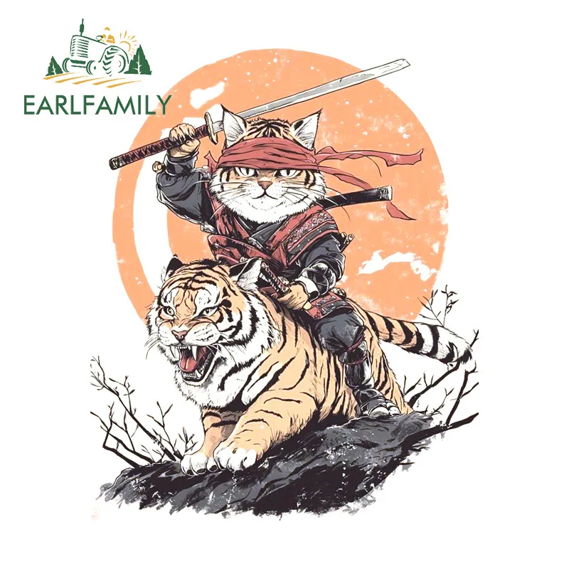 EARLFAMILY Samurai Cat And Tiger Car Stickers Fashionable Windows Helmet Surfboard Racing Drifting JDM Decals Car Accessories