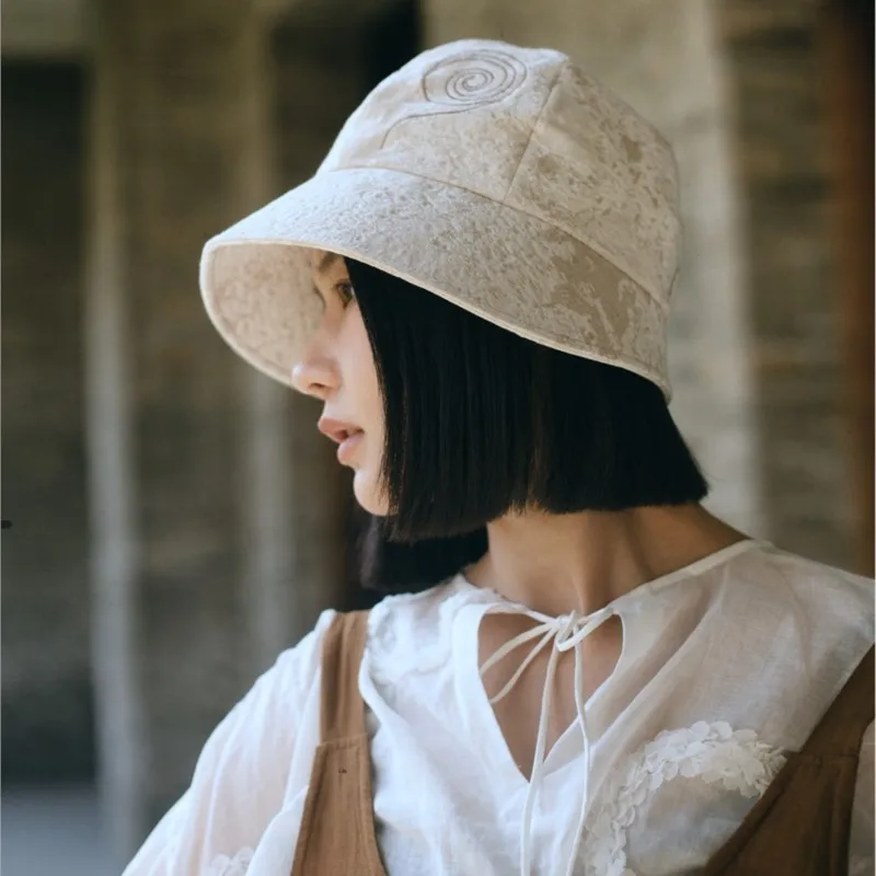 Niche Designer Style Jacquard Cotton and Linen Embroidery Spring and Summer Bucket Hat Women Fisherman Hat