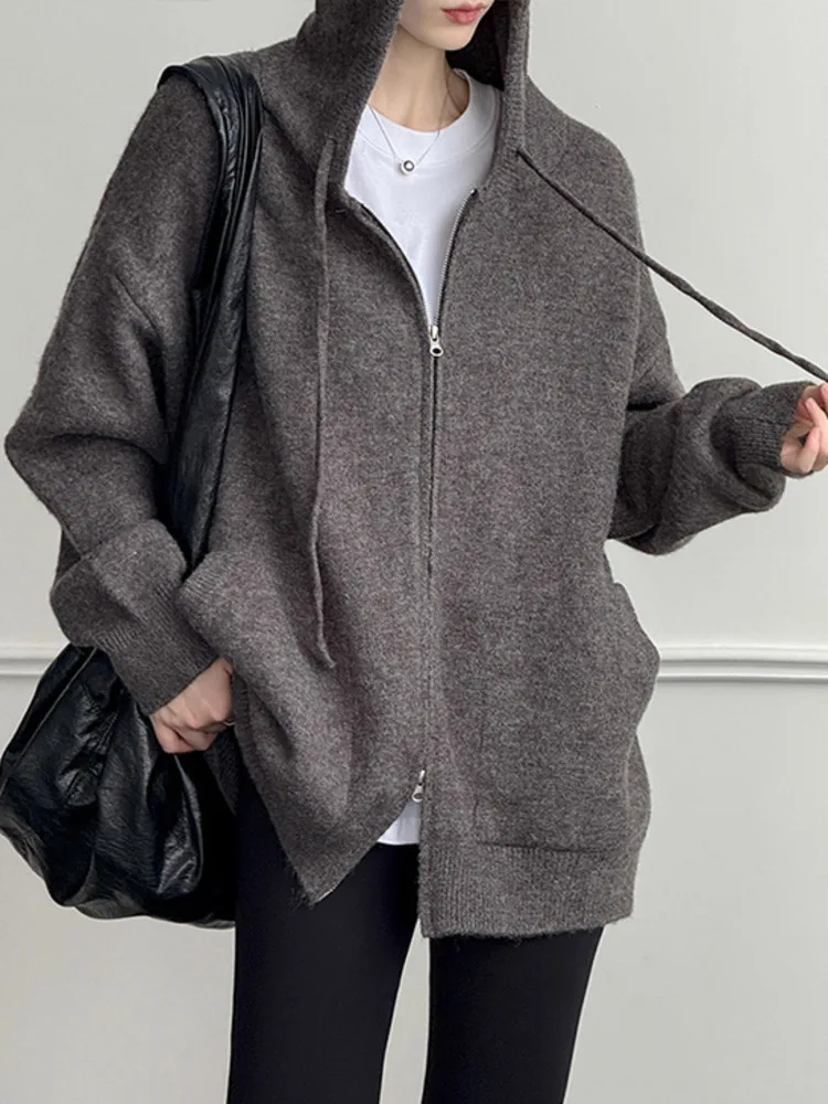 WHTREND خريف شتاء جديد الكورية نمط فضفاض تنوعا مقنعين سستة جيب الأغنام الصوف محبوك سترة معطف WH2039 #3