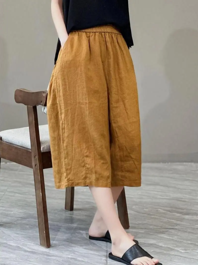 Elastic Waist Seven-Foot Pants Women Loose Artistic Pure Color Retro Versatile Mom Casual Pants Thin Slimming Large Size