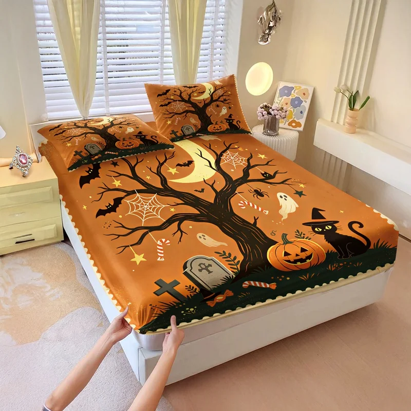 Fashion Halloween Print Fitted Sheet Set Pumpkin Ghost Black Cat Bat Tombstone Bed Sheet Set Cozy Bedroom Decor Holiday Gift