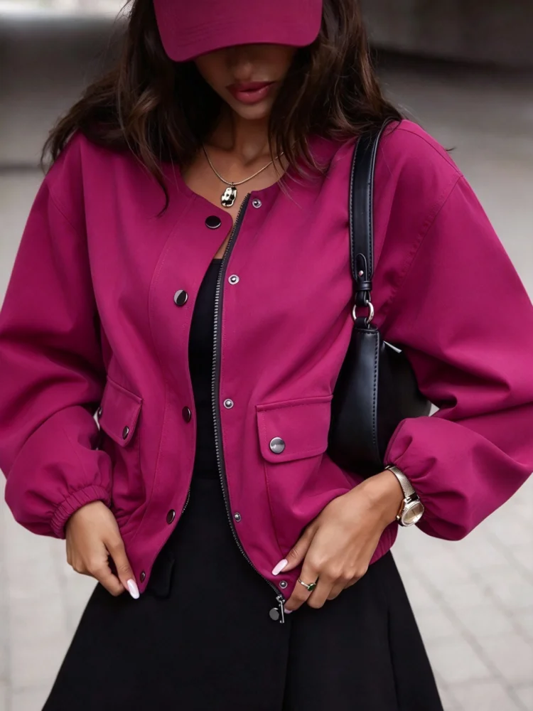 Bomber Jacket Women Hot Pink Cropped Round Neck Long Sleeve Zip Up Snap Button Pocket Casual Streetwear Outerwear
