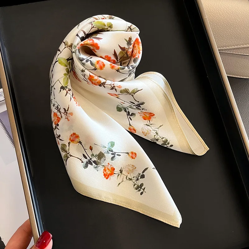 2024 New Women Square 100% Silk Scarf Foulard Bandana Lady Floral Scarves for Hair Bands Neckerchief Spring Bag Ties 53cm