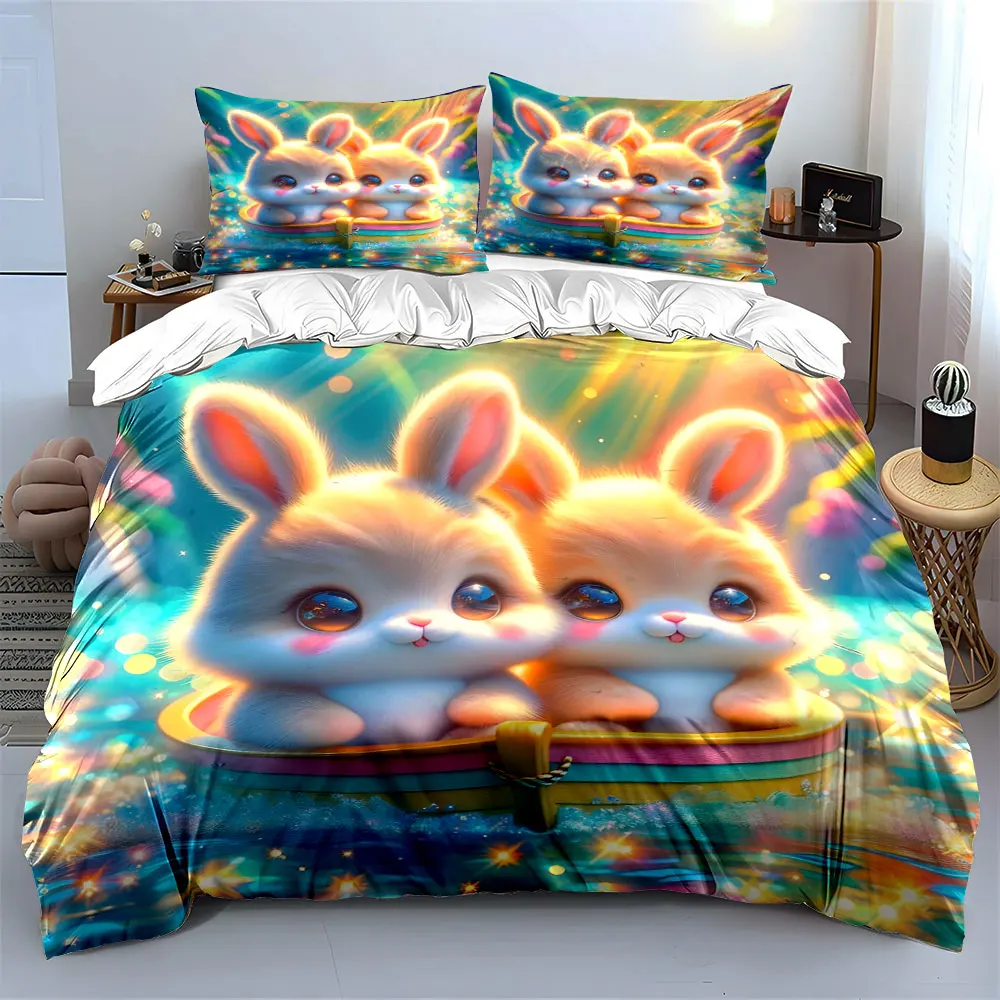 Adorable bunnies in fairy boat Printed Duvet Cover Set 1 Duvet Cover+2 Pillowcase Multi Size Bedroom Bedding Decoration