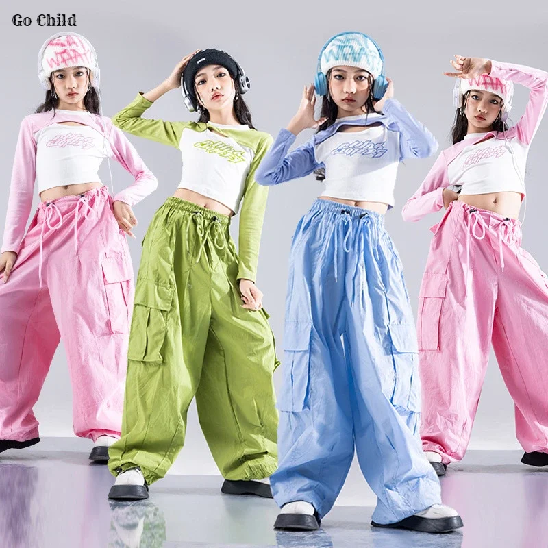 

Хип-хоп для девочек K-pop Красочный укороченный топ Уличные танцы Брюки-карго Детская уличная одежда Искусственный два топа Детский комплект одежды для джазовых девушек