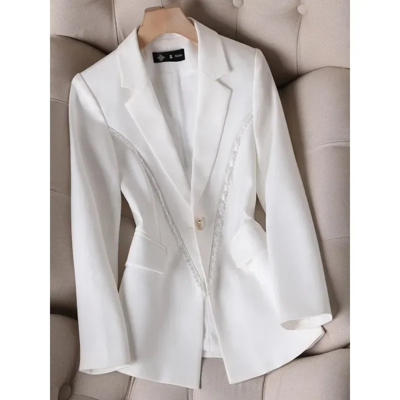 Fashion Spring Autumn Pink White Women Slim Blazer Long Sleeve Single Button Office Ladies Jacket Business Work Wear Formal Coat