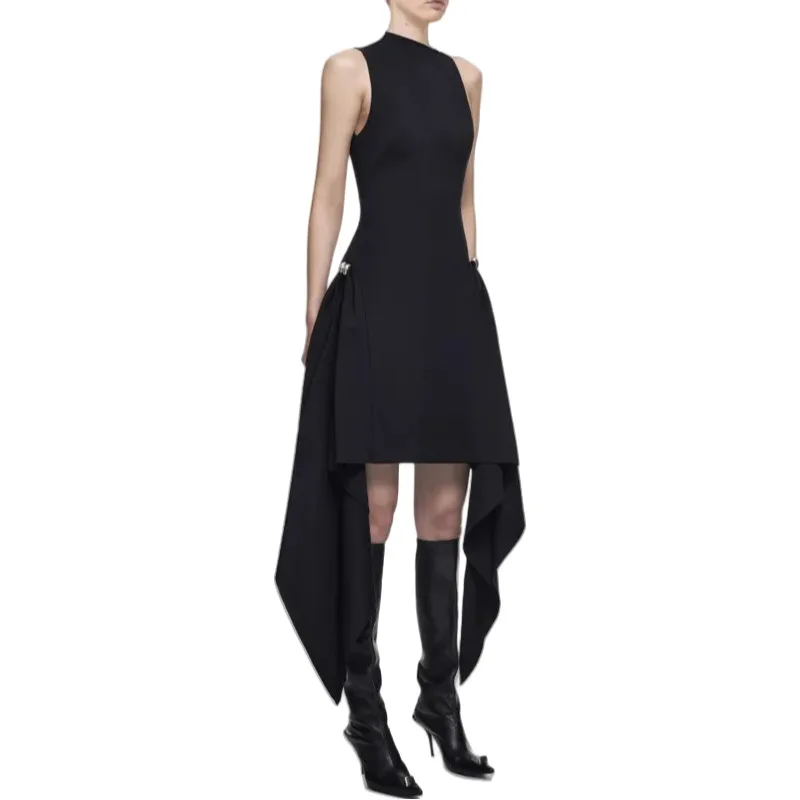 

[Vibe] Fashion Women's Banquet Dresses Diagonal Collar High Waist Irregular Slimming Solid Party Mini Dress 2025 Spring New