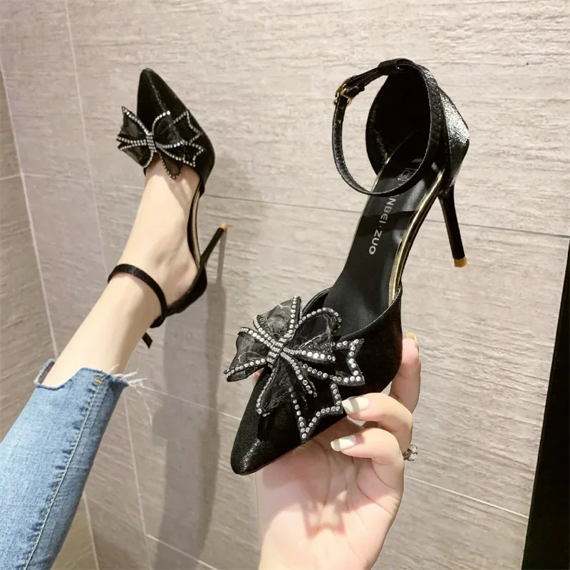 Elegant Silver High Heels Pumps Women 2024 Autumn Plus Size Ankle Straps Party Shoes Woman Pointed Toe Bowtie Wedding Shoes