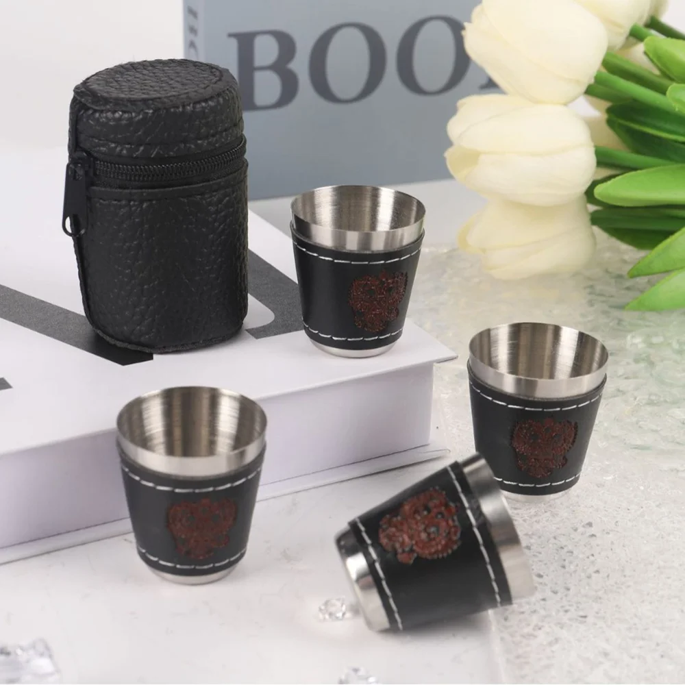 4 teile/satz Outdoor Reise Tassen Set Camping Geschirr Edelstahl Tasse mit PU Leder Tragbare Kaffee Wein Bier Whisky Tasse
